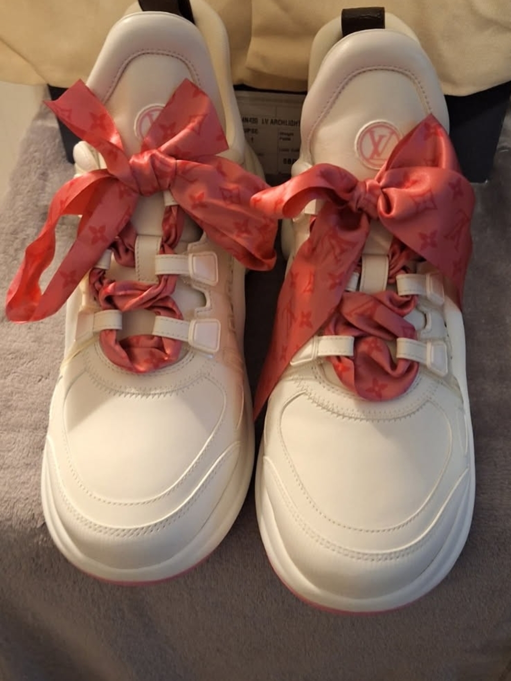 Louis Vuitton White Sneakers with Pink Ribbon Laces
